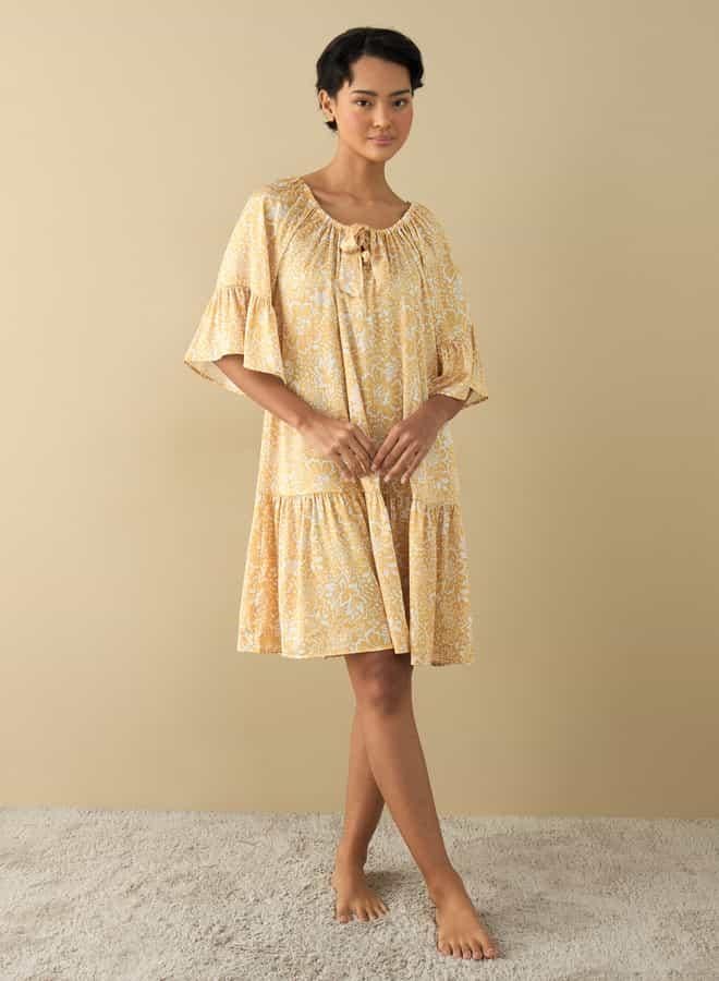 Splash FAV All-Over Floral Print Satin Night Dress with Extended Sleeves  - Image 2