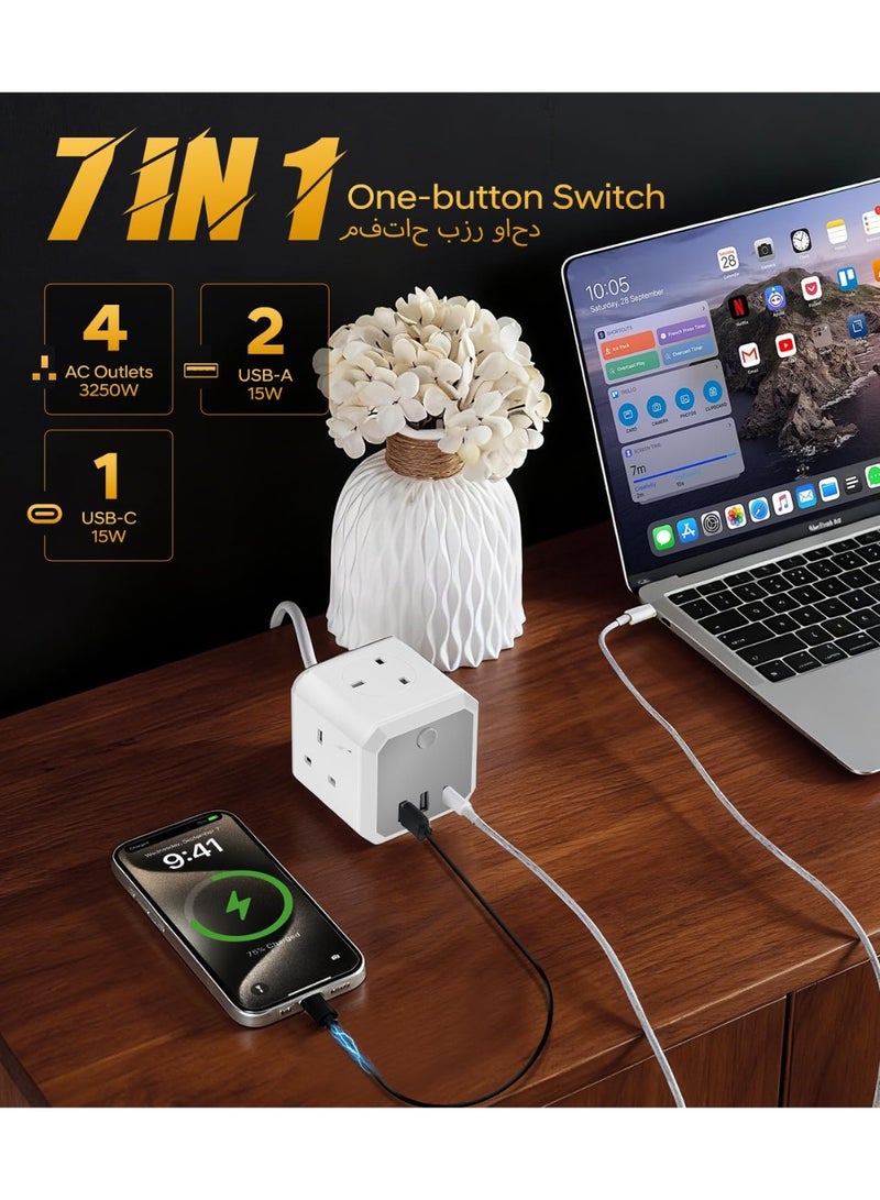 M.A&F's Extension Cord 3 Ways Outlets (13A/3250W MAX), 7-in-1 Cube Extension Cable with 3 USB Prot, Power Strip with 3M Multi Plugs Extension Lead, Extender Cord Extension Board Power Extension for Home - Image 2