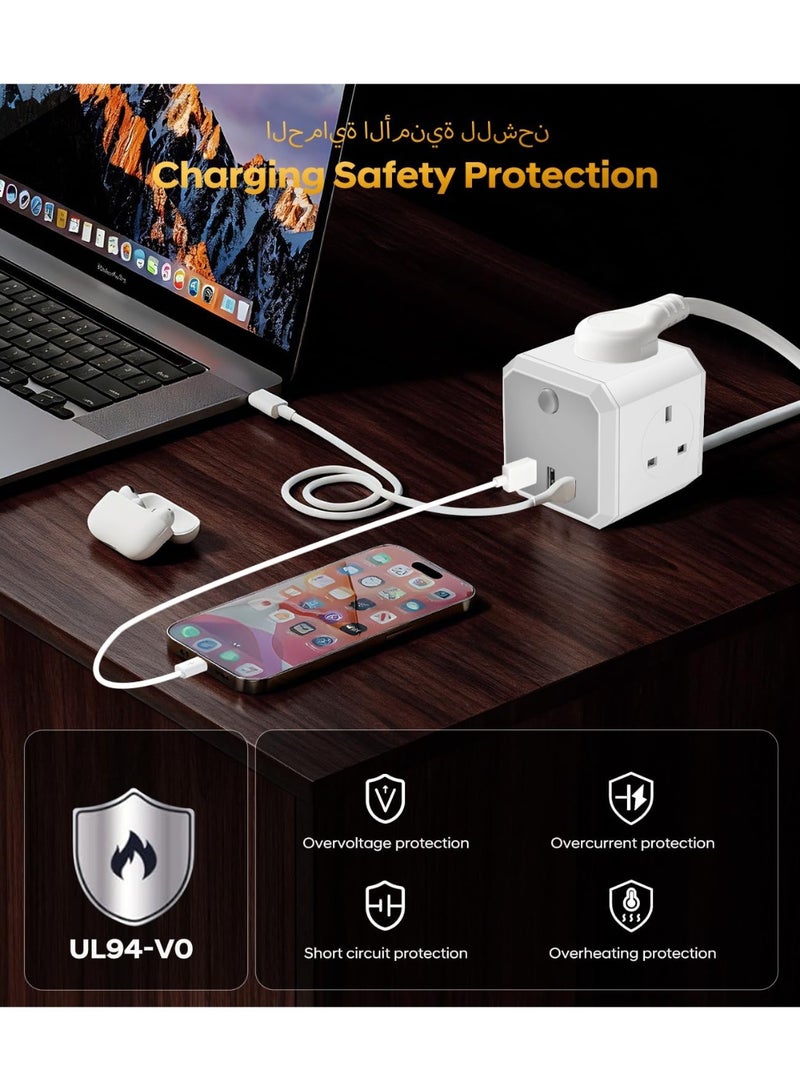 M.A&F's Extension Cord 3 Ways Outlets (13A/3250W MAX), 7-in-1 Cube Extension Cable with 3 USB Prot, Power Strip with 3M Multi Plugs Extension Lead, Extender Cord Extension Board Power Extension for Home - Image 4