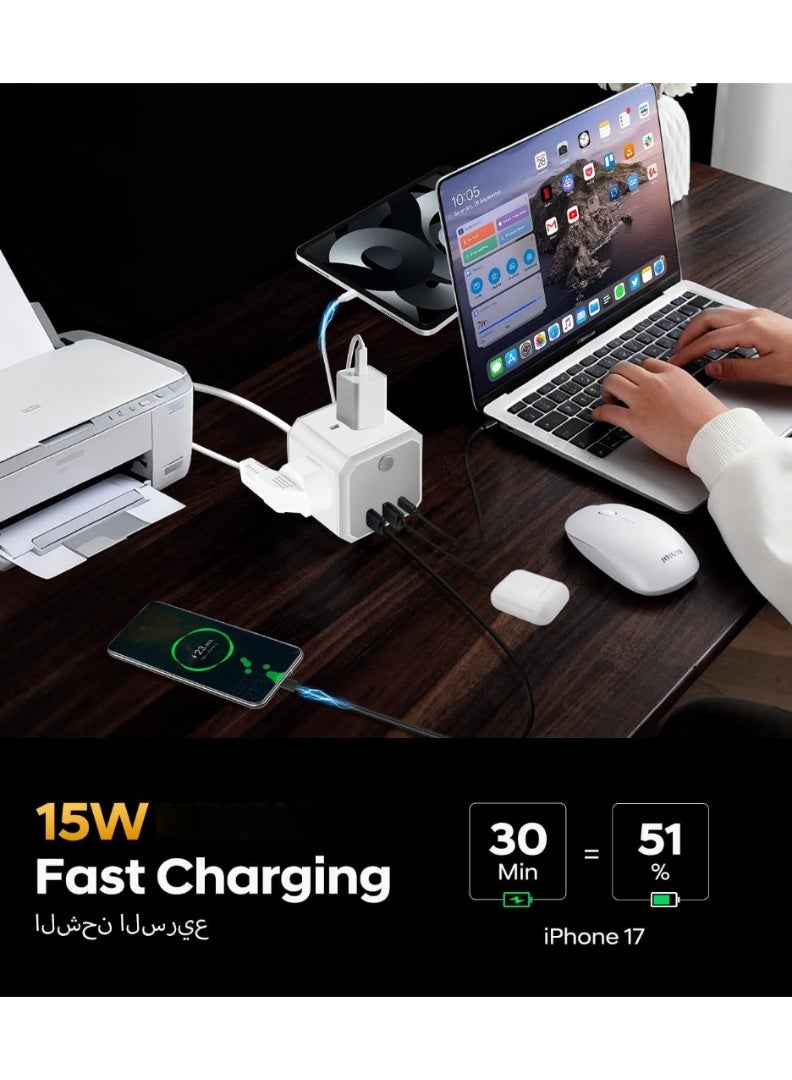 M.A&F's Extension Cord 3 Ways Outlets (13A/3250W MAX), 7-in-1 Cube Extension Cable with 3 USB Prot, Power Strip with 3M Multi Plugs Extension Lead, Extender Cord Extension Board Power Extension for Home - Image 5