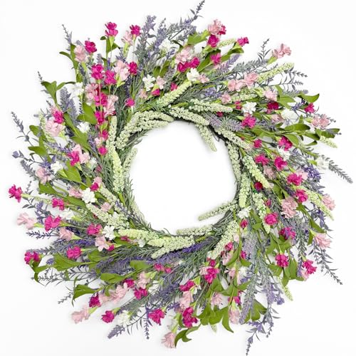 Artgar 26 Inch Spring Wreaths for Front Door, Spring Summer Lavender Paper Flower Wreaths for Home Farmhouse Windows Walls Porch Wedding Indoor Outdoor Decor for All Seasons (Pink) - Image 1