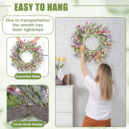 Artgar 26 Inch Spring Wreaths for Front Door, Spring Summer Lavender Paper Flower Wreaths for Home Farmhouse Windows Walls Porch Wedding Indoor Outdoor Decor for All Seasons (Pink) - Image 3