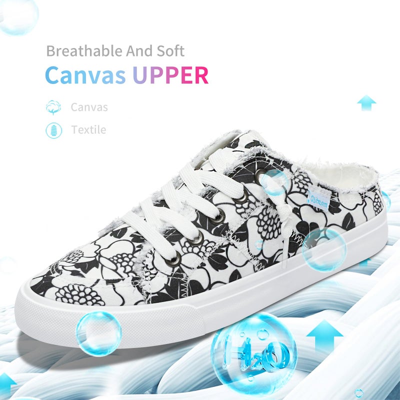 Obtaom Women Canvas Mules Memory Foam Clipper Fashion Sneakers Comfortable Slip-On Mule Backless Holiday Shoes(Multi White Black,US8) - Image 4
