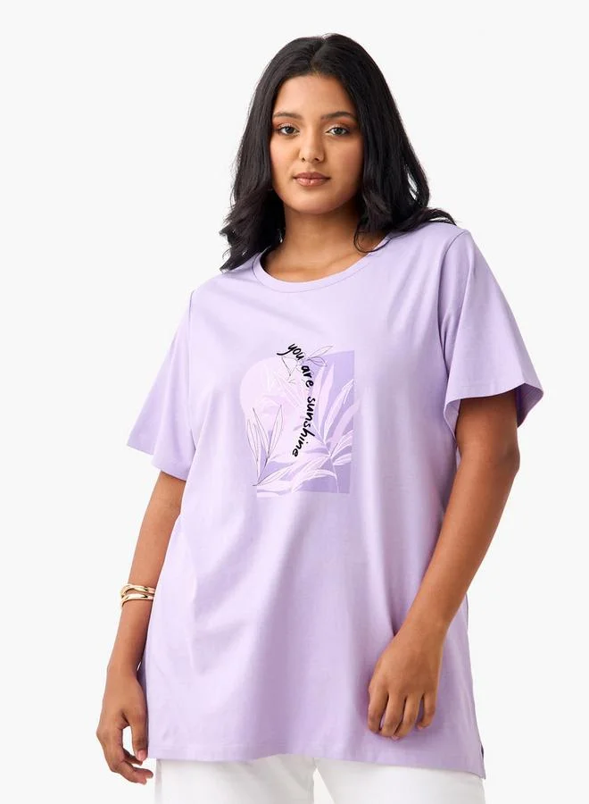 Ulla Popken Plus Size Ulla Popken Slogan Print T-shirt with Short Sleeves and Round Neck