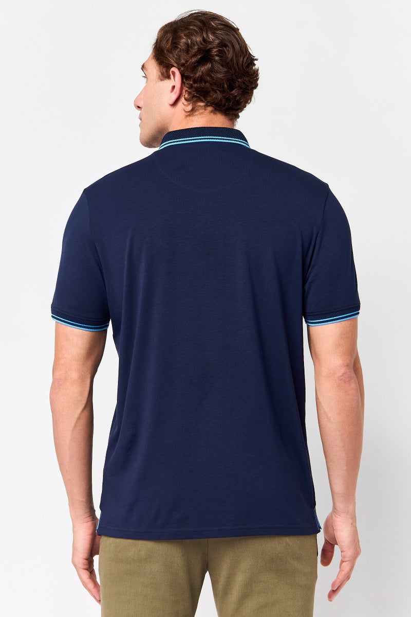 Report Collection Men Regular Fit Stripe Short Sleeve Polo Shirt, Navy Blue - Image 4