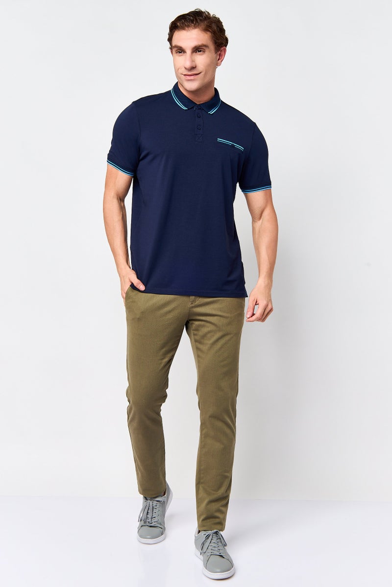 Report Collection Men Regular Fit Stripe Short Sleeve Polo Shirt, Navy Blue - Image 2