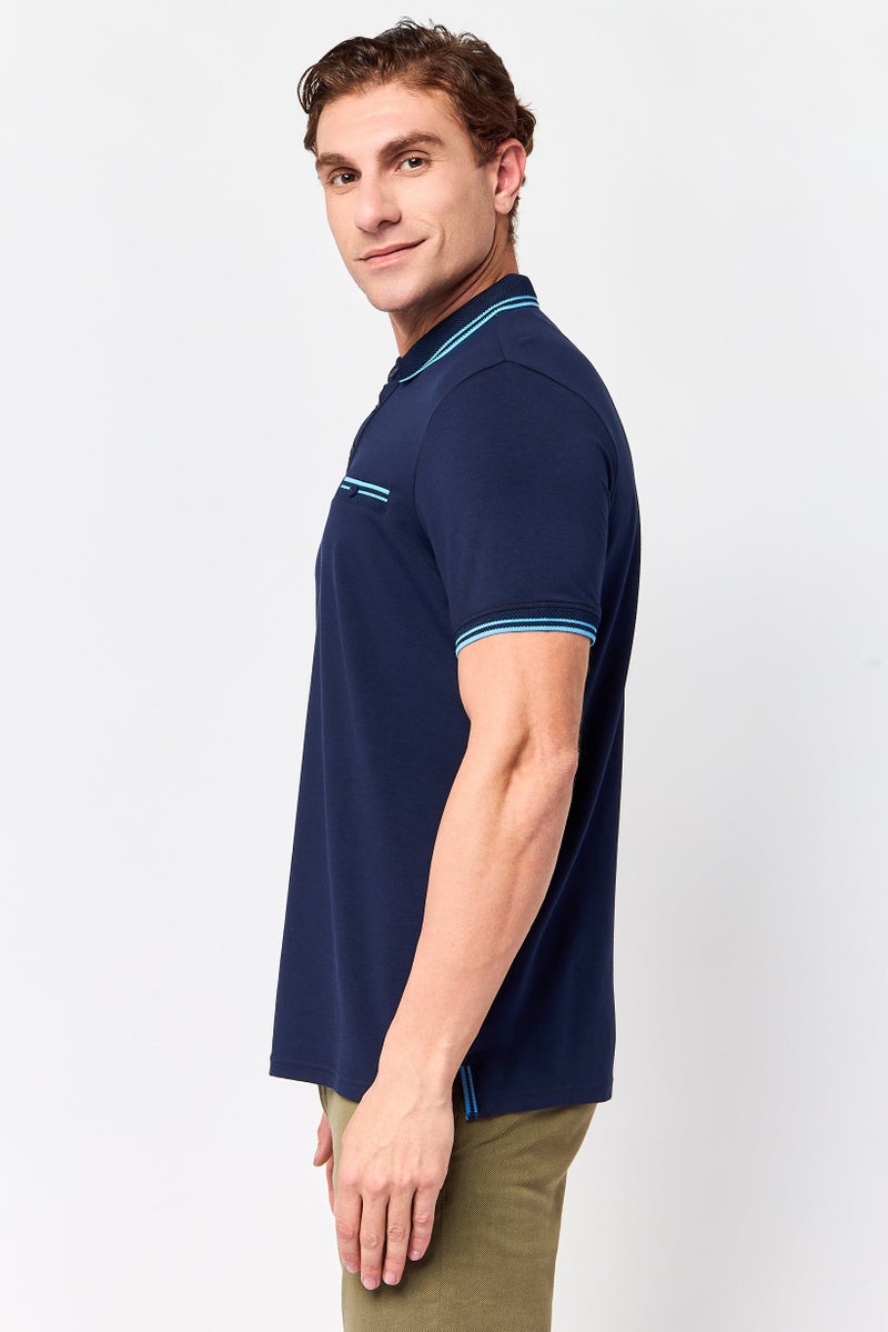Report Collection Men Regular Fit Stripe Short Sleeve Polo Shirt, Navy Blue - Image 3