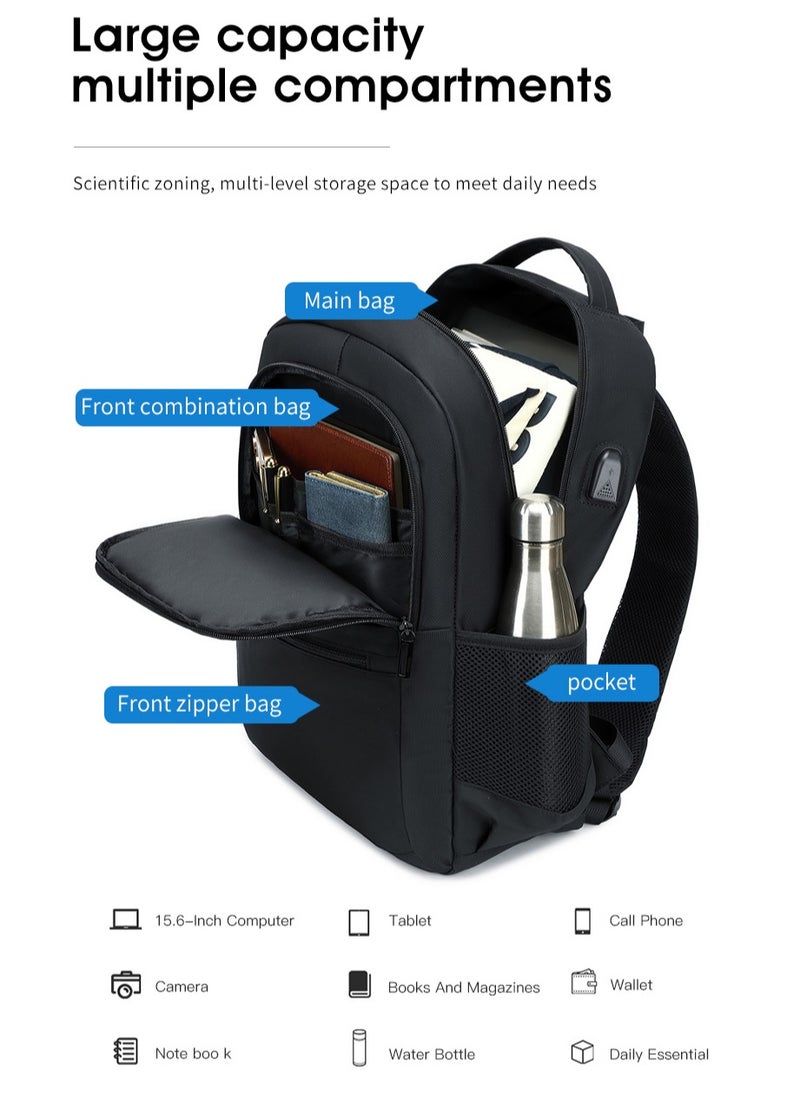 RAHALA - 809 Business Professional Office Travel Laptop School Work Daily Use Backpack – Water-Resistant USB Charging Port Fits 15.6-inch Laptops - Black - Image 1