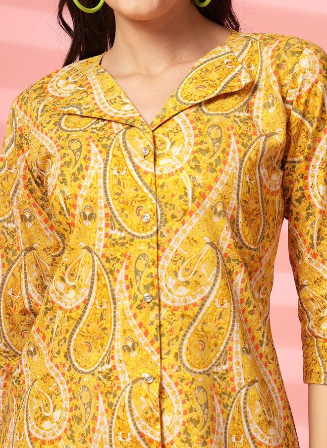 Indibelle Yellow Printed V-Neck Pure Cotton Shirt with Palazzo Set - Image 5