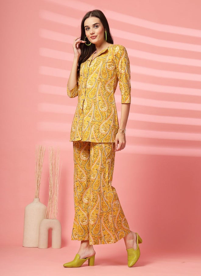 Indibelle Yellow Printed V-Neck Pure Cotton Shirt with Palazzo Set - Image 2