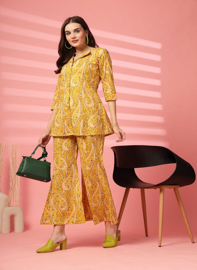Indibelle Yellow Printed V-Neck Pure Cotton Shirt with Palazzo Set - Image 1