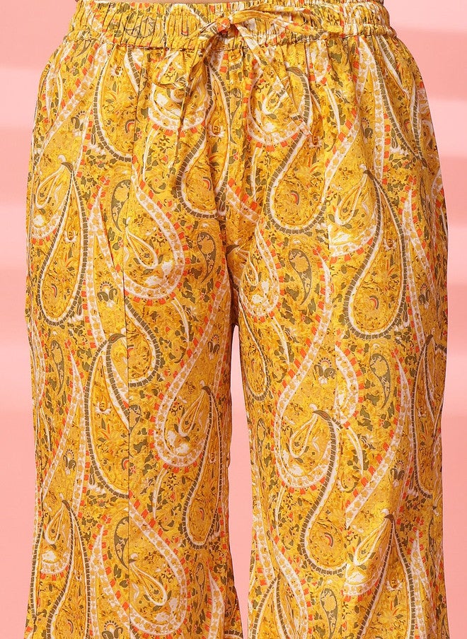 Indibelle Yellow Printed V-Neck Pure Cotton Shirt with Palazzo Set - Image 3