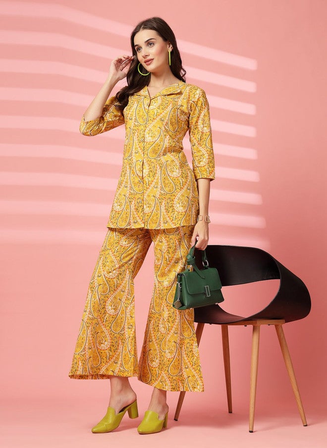 Indibelle Yellow Printed V-Neck Pure Cotton Shirt with Palazzo Set - Image 4