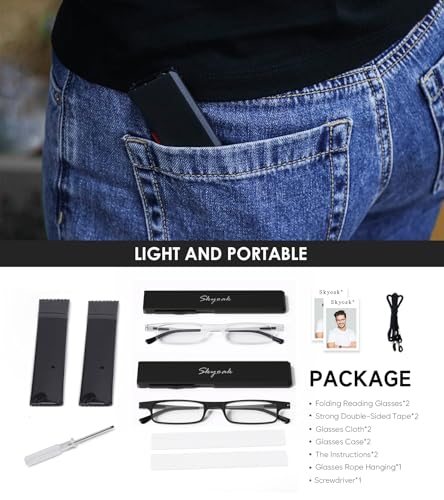SKYOAK 2 Pack Ultra thin Lightweight Folding Reading Glasses Women Men TR90 Blue Light Blocking Anti UV Foldable Compact Computer Readers Portable Unique Stretchable Slim Flat Case Black/Clear +1.25 - Image 3
