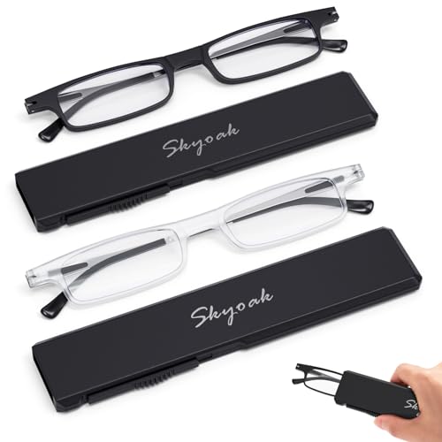 SKYOAK 2 Pack Ultra thin Lightweight Folding Reading Glasses Women Men TR90 Blue Light Blocking Anti UV Foldable Compact Computer Readers Portable Unique Stretchable Slim Flat Case Black/Clear +1.25 - Image 1