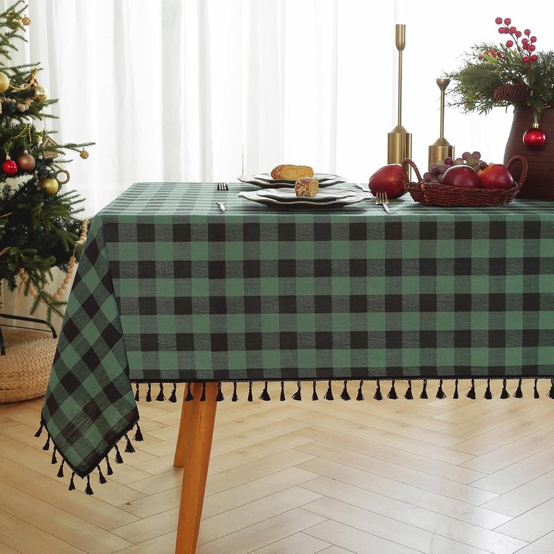 Jia le JIALE Checkered Table Cloth Rectangle Cotton Linen Fabric Gingham Tablecloth with Tassel Washable Wrinkle Free Buffalo Plaid Table Cover for Christmas Decor Green and Black 55X120 - Image 4
