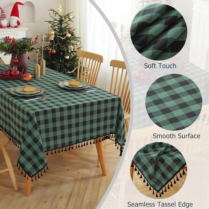 Jia le JIALE Checkered Table Cloth Rectangle Cotton Linen Fabric Gingham Tablecloth with Tassel Washable Wrinkle Free Buffalo Plaid Table Cover for Christmas Decor Green and Black 55X120 - Image 3