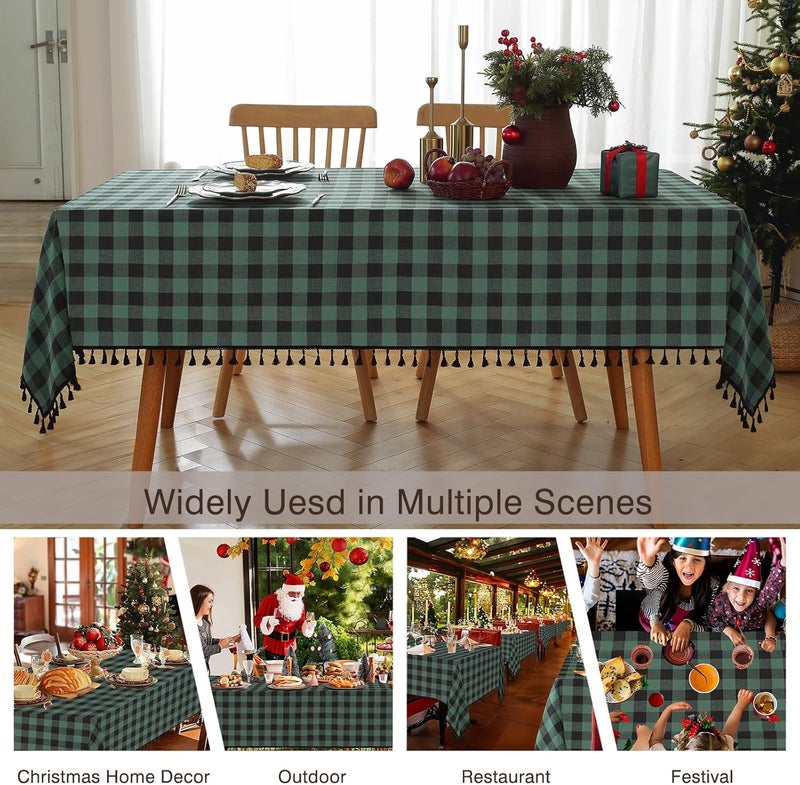 Jia le JIALE Checkered Table Cloth Rectangle Cotton Linen Fabric Gingham Tablecloth with Tassel Washable Wrinkle Free Buffalo Plaid Table Cover for Christmas Decor Green and Black 55X120 - Image 2
