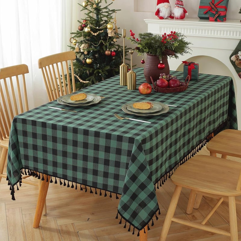Jia le JIALE Checkered Table Cloth Rectangle Cotton Linen Fabric Gingham Tablecloth with Tassel Washable Wrinkle Free Buffalo Plaid Table Cover for Christmas Decor Green and Black 55X120 - Image 1
