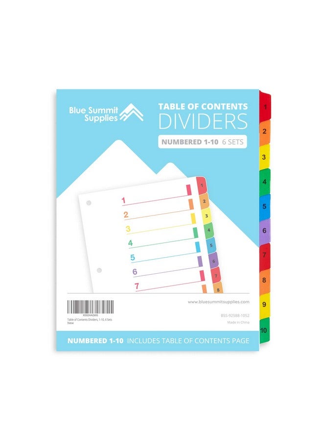 بلو سوميت سابلايز 10 فواصل لملفات علامات التبويب لـ 3 مجلدات حلقية أو فواصل لموضوع دفتر الملاحظات مع علامات تبويب مرقمة متعددة الألوان تتضمن جدول محتويات قابل للتخصيص وفهرس 6 مجموعات - Image 1