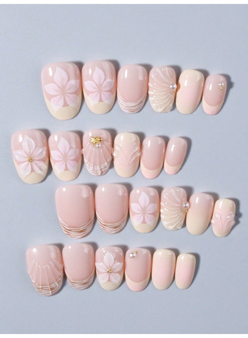 24PCS Press On Nails Ocean Style – Floral, Shell & Starfish Design Fake Nails Ready to Use - Image 4