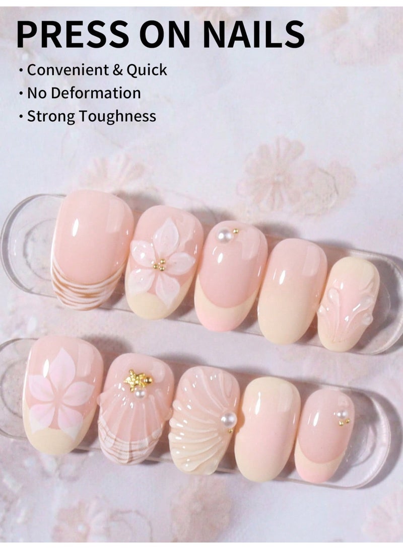 24PCS Press On Nails Ocean Style – Floral, Shell & Starfish Design Fake Nails Ready to Use - Image 3