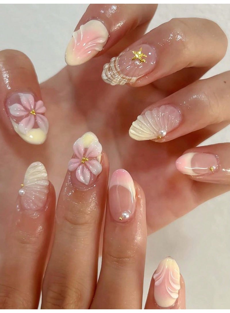 24PCS Press On Nails Ocean Style – Floral, Shell & Starfish Design Fake Nails Ready to Use - Image 1
