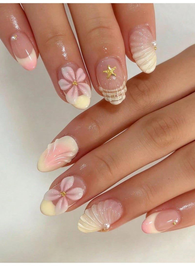 24PCS Press On Nails Ocean Style – Floral, Shell & Starfish Design Fake Nails Ready to Use - Image 2