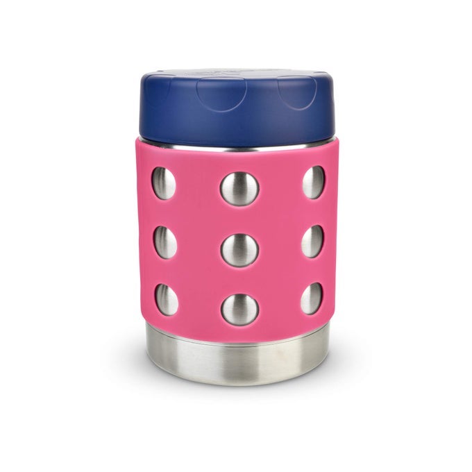 THERMAL 12 OZ TRIPLE INSULATED THERMOS HOT 6 HOURS OR COLD 12 HOURS LEAK PROOF THERMOS SOUP JAR ALL STAINLESS INTERIOR NAVY LID PINK DOTS