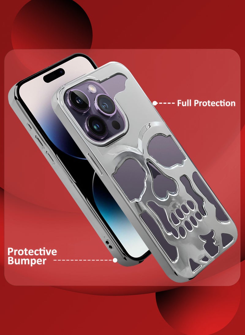 CATANES غطاء آيفون 14 برو ماكس ناعم من TPU لامع بتصميم جمجمة - فضي - Image 2