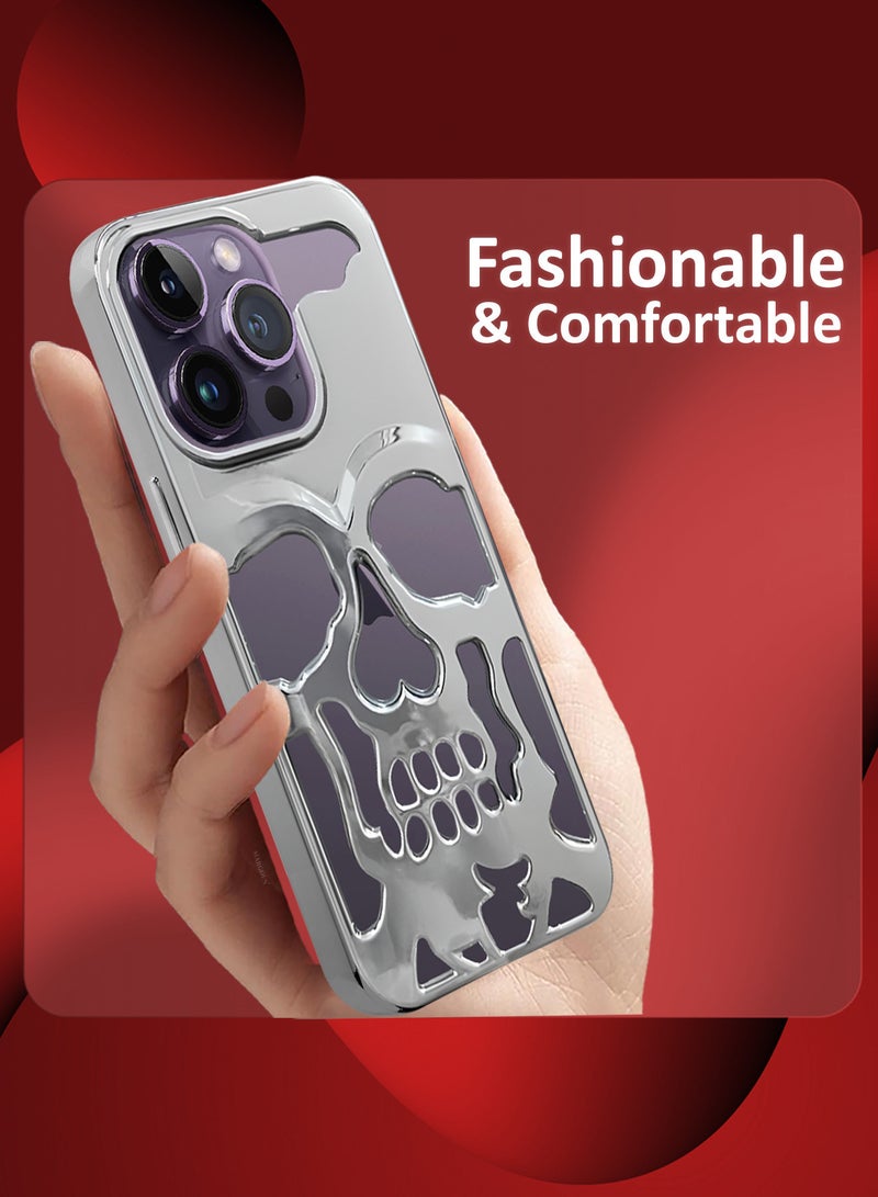CATANES غطاء آيفون 14 برو ماكس ناعم من TPU لامع بتصميم جمجمة - فضي - Image 4