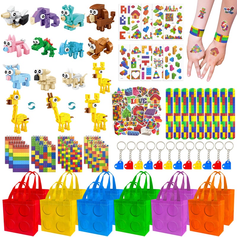 LINAYE 12 Packs Building Blocks Party Favors - 122 Pcs Birthday Party Favors Supplies with Goodie Bags, Animals Building Blocks, Notebooks, Tattoo Stickers Sheets Gift Bag Stuffers for Kids - Image 1