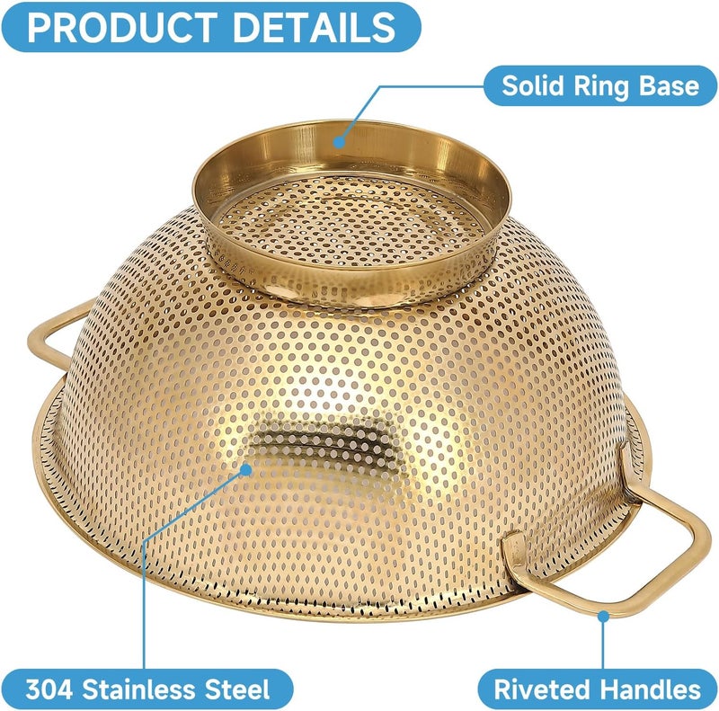 Kteniy Gold Strainer for Kitchen, 3QT, Stainless Steel Colander with Handle for Fruits Vegetables Cooking Food, Dishwasher Safe - Image 5