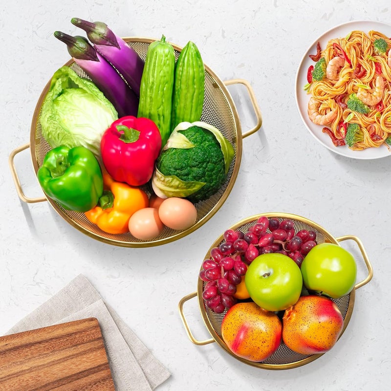 Kteniy Gold Strainer for Kitchen, 3QT, Stainless Steel Colander with Handle for Fruits Vegetables Cooking Food, Dishwasher Safe - Image 2