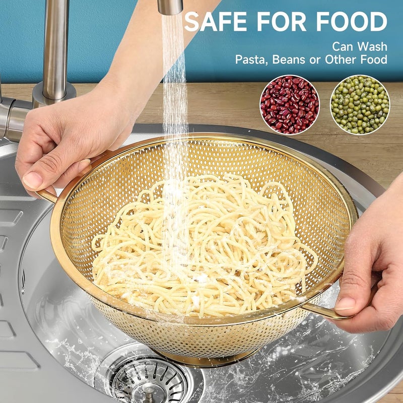 Kteniy Gold Strainer for Kitchen, 3QT, Stainless Steel Colander with Handle for Fruits Vegetables Cooking Food, Dishwasher Safe - Image 4