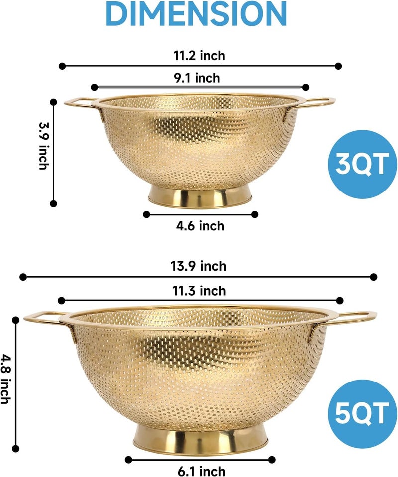 Kteniy Gold Strainer for Kitchen, 3QT, Stainless Steel Colander with Handle for Fruits Vegetables Cooking Food, Dishwasher Safe - Image 3