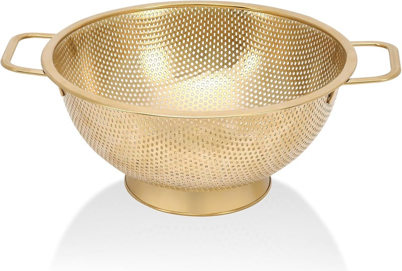 Kteniy Gold Strainer for Kitchen, 3QT, Stainless Steel Colander with Handle for Fruits Vegetables Cooking Food, Dishwasher Safe - Image 1