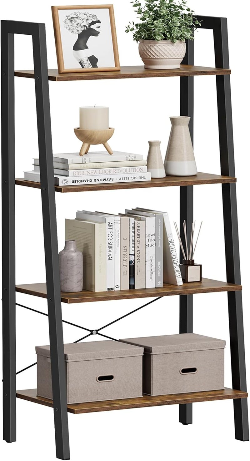 VASAGLE ALINRU Ladder Shelf, 4-Tier Bookshelf, Storage Rack Shelves, Bathroom, Living Room, Industrial Accent Furniture, Steel Frame, Rustic Brown and Black ULLS44X, 22.1"L x 13.3"W x 54.1"H - Image 1