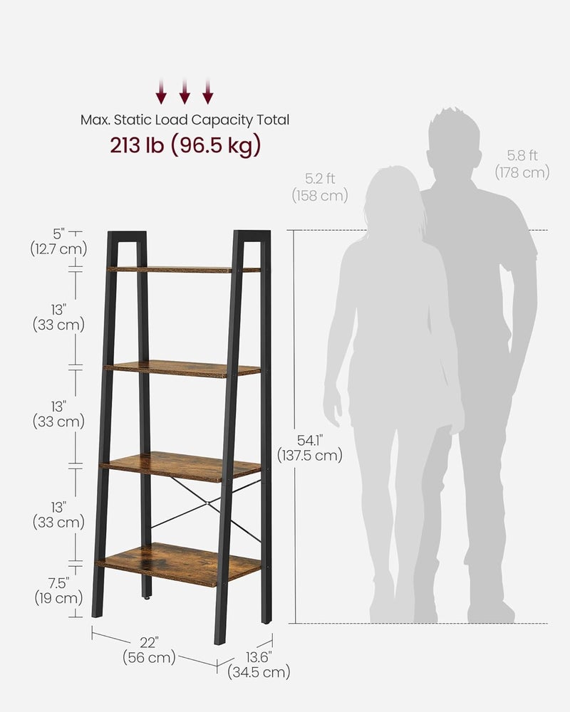 VASAGLE ALINRU Ladder Shelf, 4-Tier Bookshelf, Storage Rack Shelves, Bathroom, Living Room, Industrial Accent Furniture, Steel Frame, Rustic Brown and Black ULLS44X, 22.1"L x 13.3"W x 54.1"H - Image 3