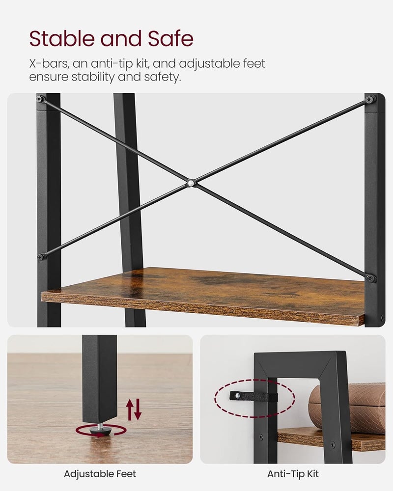 VASAGLE ALINRU Ladder Shelf, 4-Tier Bookshelf, Storage Rack Shelves, Bathroom, Living Room, Industrial Accent Furniture, Steel Frame, Rustic Brown and Black ULLS44X, 22.1"L x 13.3"W x 54.1"H - Image 4