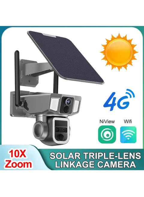 2 in1 WiFi & 4G LTE Solar Security Camera, 9W Triple-Lens Outdoor Wireless Camera 10X Zoom 4MP with 360° View, Two-Way Audio, PIR Human Detection, IP66 Waterproof, Cloud Storage(with 64G Card)