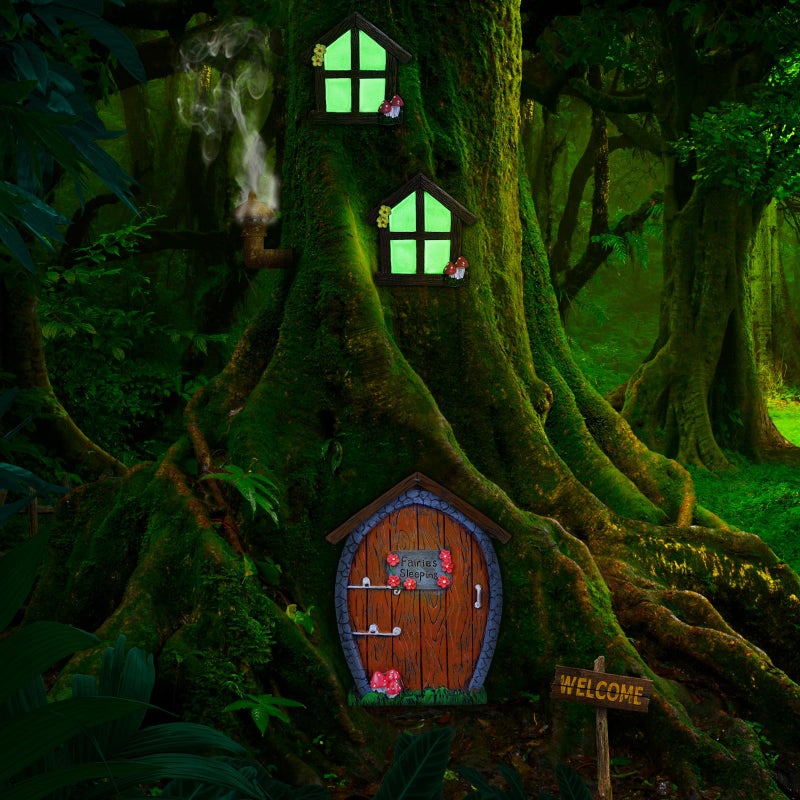 Fairy Door and Window Miniature Summer Home with Lamp Room Wall and Trees Outdoor Glow in Dark Fairies Sleeping Yard Art Garden Sculpture Patio Lawn Decor Ornament GiftStone Style