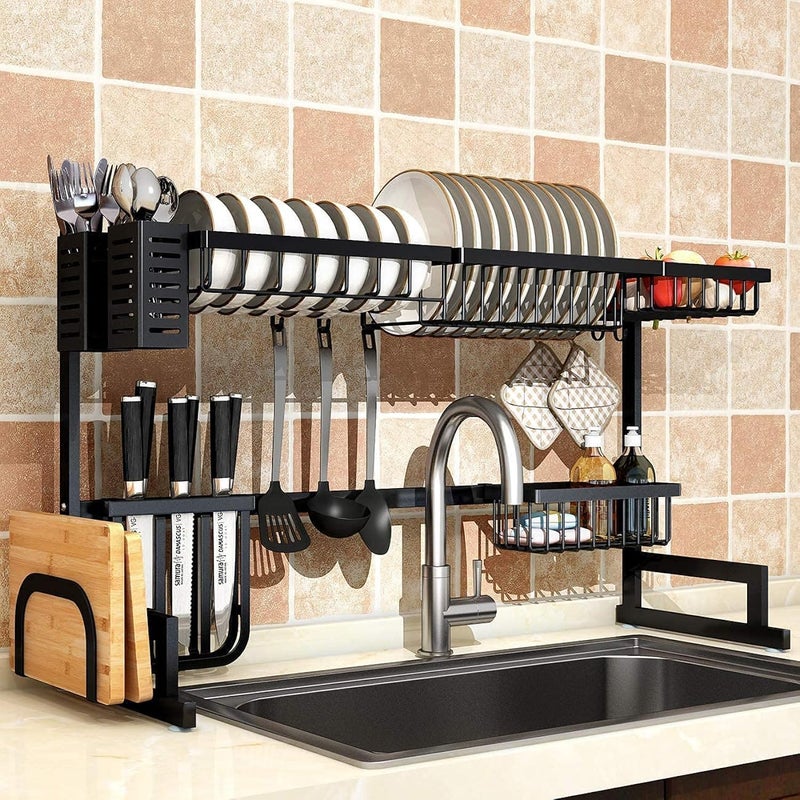 sulfar Dish Drying Rack Over Sink, Drainer Shelf for Kitchen Supplies Storage Counter Organizer Utensils Holder Stainless Steel Display- Space Save Must Have (Black, Sink ? 33.5inch) - Image 1