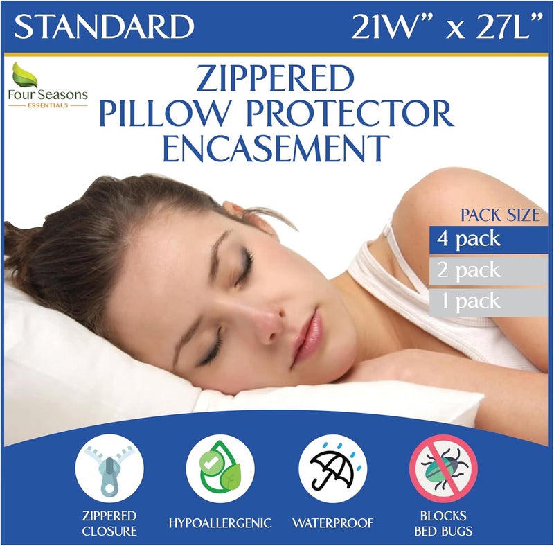 Four Seasons Essentials Standard Pillow Protectors (Set of 4) – Hypoallergenic Pillow Cover Waterproof Dust Allergen Proof Zippered Encasement - Image 1