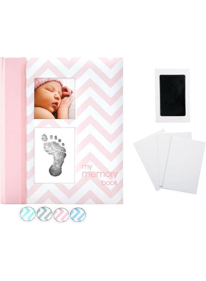 Pearhead Baby Memory Book, First 5 Years Baby Milestone Book, Pregnancy Journal, Gender Neutral Newborn Keepsake, With Clean-Touch Ink Pad For Baby's Handprint or Footprint, Pink Chevron - Image 1