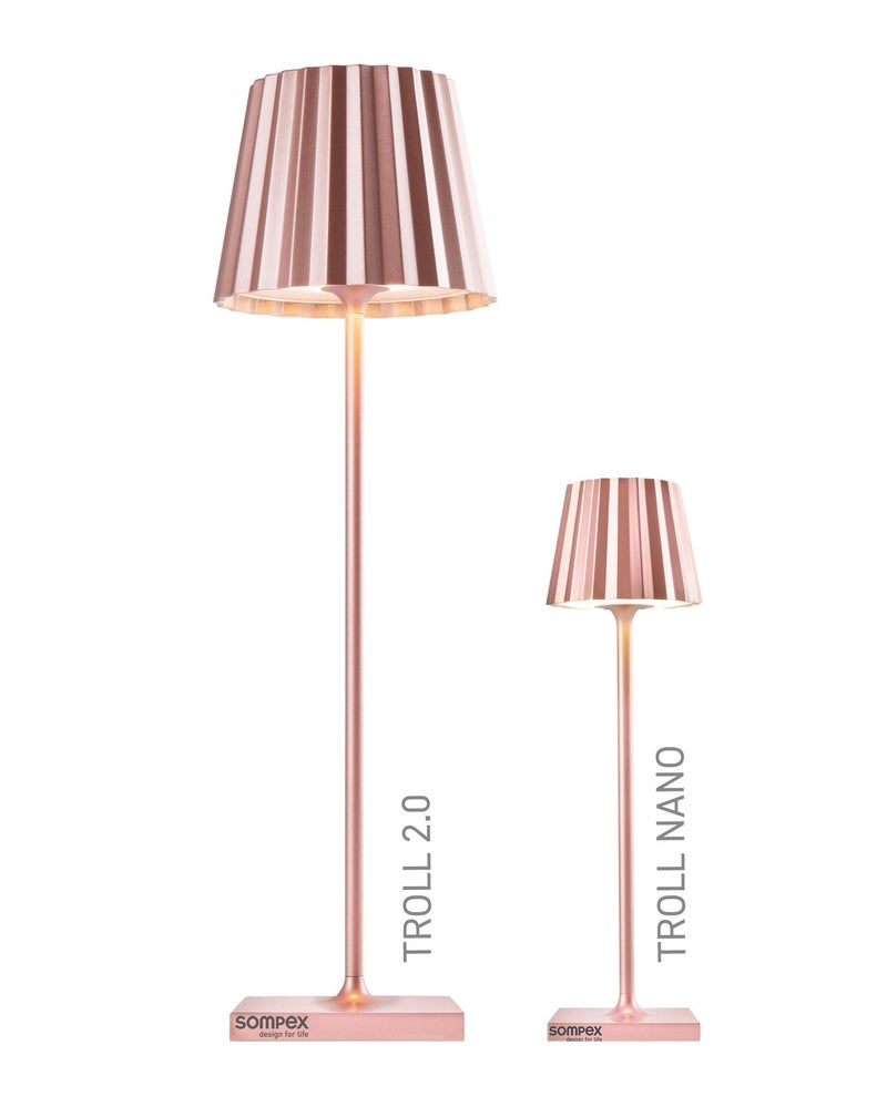 Sompex Troll Nano Table Lamp (Glossy finish) | Indoor & Outdoor | 2 light colours | Stepless touch dimmer | 1.6W LED Battery Operated | Aluminium | 54 (splash and dust proof) 10 x 21 cm - Rose Gold - Image 2