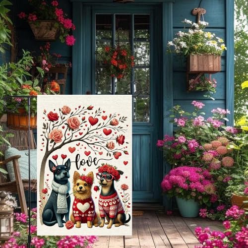 RMXJKIIU Happy Valentine's Rose Wreath Dog Garden Flags 12x18 Inch Burlap Double Sided, Love Heart Valentines Anniversary Yard Outdoor Lawn Flag Decor - Image 5