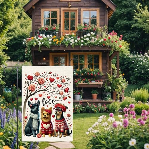 RMXJKIIU Happy Valentine's Rose Wreath Dog Garden Flags 12x18 Inch Burlap Double Sided, Love Heart Valentines Anniversary Yard Outdoor Lawn Flag Decor - Image 4