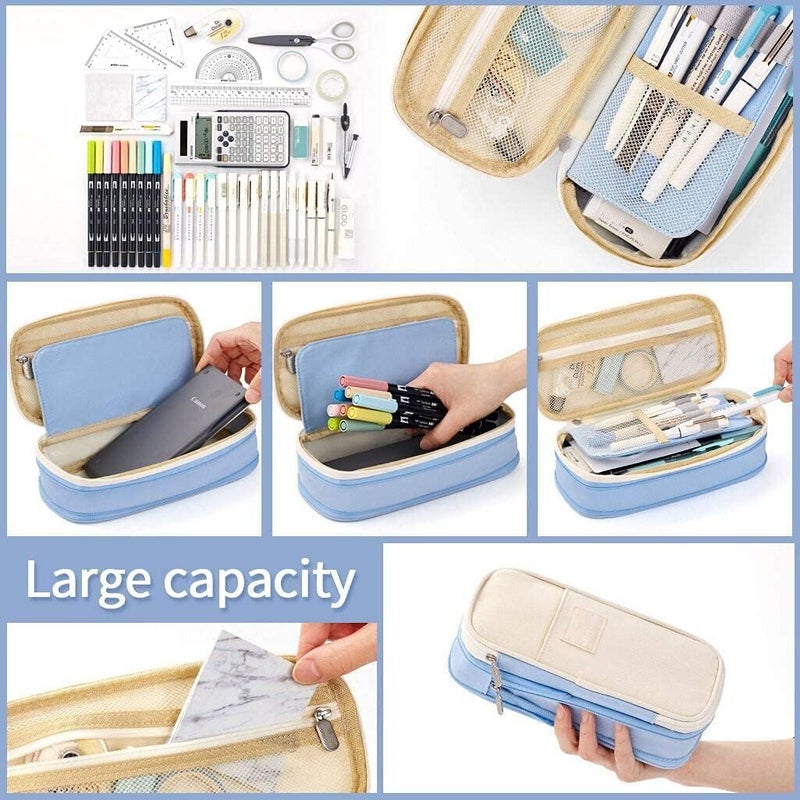 KASTWAVE Large Capacity Pencil Case, Cosmetic Bag, Large Capacity, Storage Bag With Zipper, Suitable For School Office, Light blue, 8.6 x 4.1 x 2.5 inches, Modern - Image 4