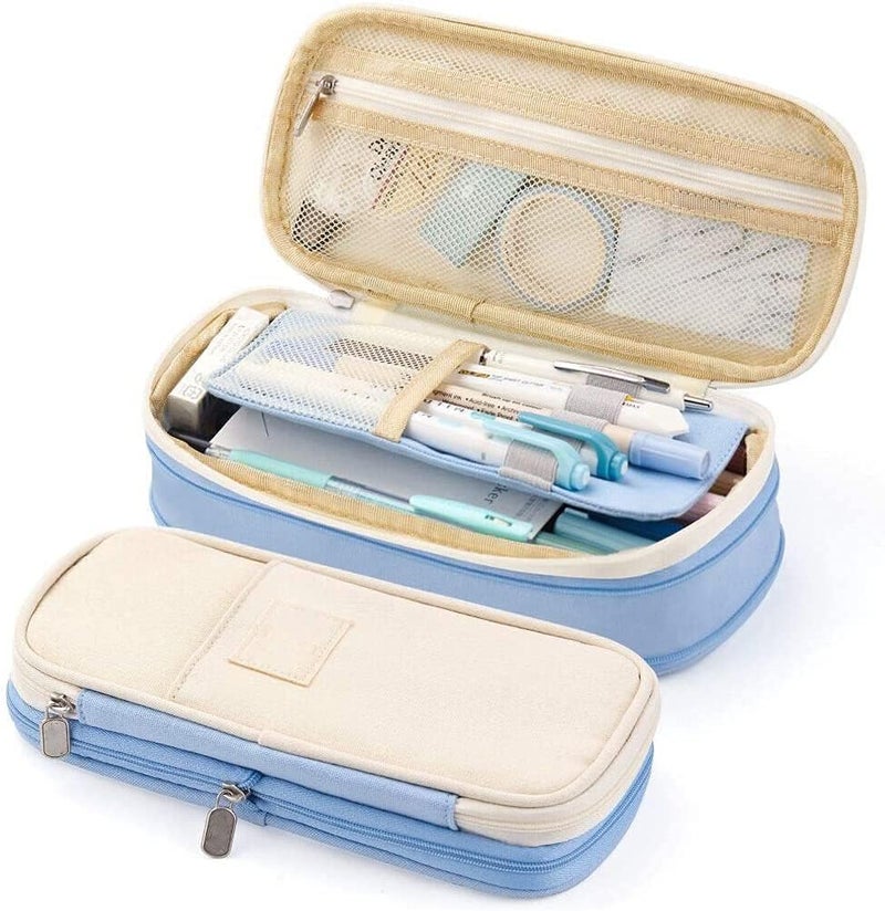 KASTWAVE Large Capacity Pencil Case, Cosmetic Bag, Large Capacity, Storage Bag With Zipper, Suitable For School Office, Light blue, 8.6 x 4.1 x 2.5 inches, Modern - Image 1